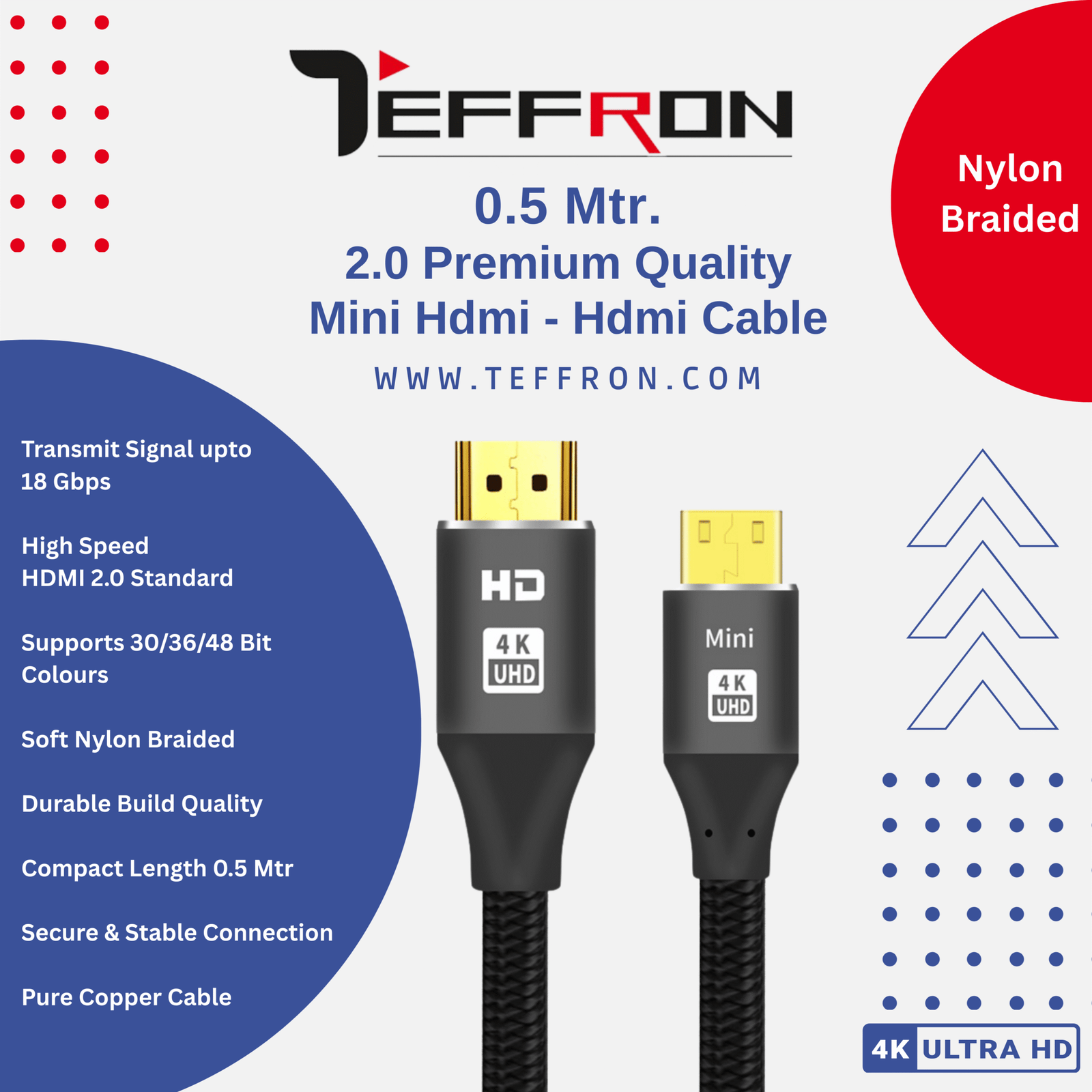 Teffron Black 0.5 Mtr Mini Braided Cable
